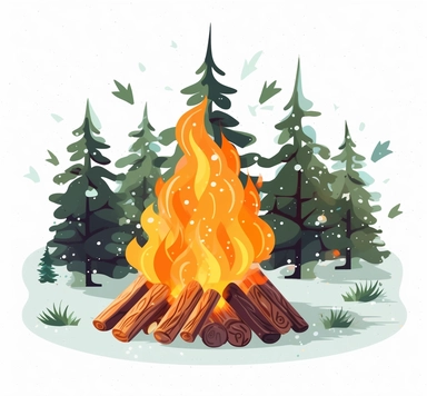 a cute bonfire in the woods, winter, clipart, on a white background