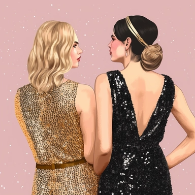 clipart of adult bestfriends, friends forever, back facing, wearing elegant sequined dress, fashionable glam, closeup