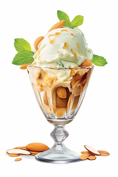 picturesque, a bright almond sundae, clipart on white background, watercolor style, spring vibes, detailing in pastel colors, high quality, painted by Beatrix Potter, 8k