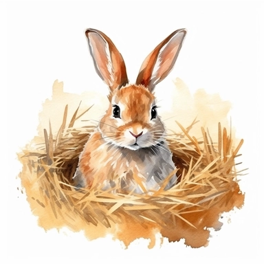 farm rabbit in hay clipart, soft watercolor very detailed rendering, isolated, white background