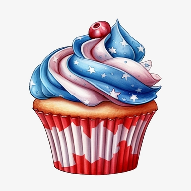 4th of July Patriotic Clip art of 4th of july patriotic cupcake, red, white & blue Full body realistic cartoon in 32K UHD cute, 8k with realistic watercolors and detailed illustrations. PNG clipart, Sublimation graphics, transparent white background for removing background - - no text shadow font watermark
