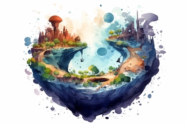 Watercolor, Create a planet with vast, interconnected cave systems hosting ancient civilizations clipart, hd, on a white background, spaced out