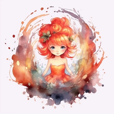 watercolor cute fire fairy, sparkling streams, flame around, detailed, hd, clipart