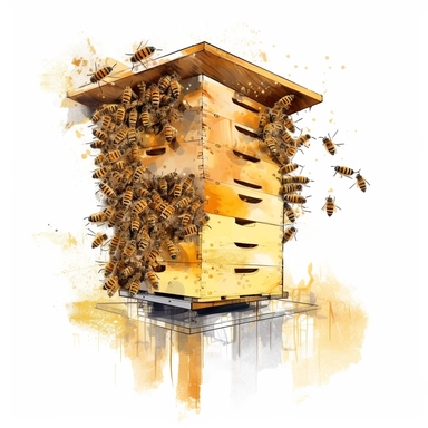 A close-up view of a modern Langstroth hive, showcasing its modular design and bees entering or exiting through the hive's entrances. (Digital drawing clipart, image black border color, full body, flat texture, transparent background)