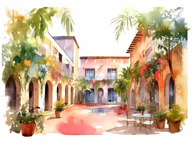 Watercolor clip art on white background, Courtyards Clipart, high-resolution image with vibrant and true-to-life colors, isolated