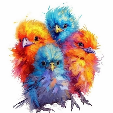 Baby tropical birds, clipart illustration, photorealistic, oil paint, happy, beautiful, vibrant colors, cute, ultra detailed, on white background - - no cut off