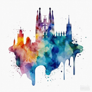 CLIPART OF BARCELONA SKYLINE, WATERCOLOR, FILLED WITH GAUDI MOSAIC. PASTEL COLORS , NO CAPTION