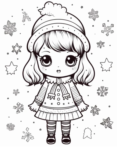 clean line image for coloring, kawaii Christmas clipart, white background, black lines, very cute kawaii image