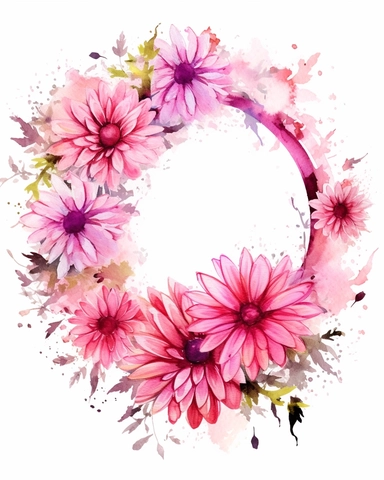 detailed vibrant watercolor attractive pink aster flower wreath with very wide middle white space , isolated on white background, realistic, clipart