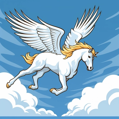 Create a cartoon-style clipart of a white pegasus with wind-swept hair, flying through the sky. The pegasus should be the focal point of the image, with a plain background that offers a high contrast to the white color of the creature. Be sure to emphasize the details of the pegasus' mane and tail, and capture the sense of motion in the image. This clipart is perfect for use in a children's book or as a decorative graphic.