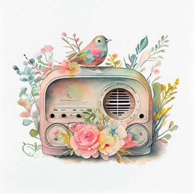 Vintage old radio ( a little floral, bird on radio) pastel rainbow watercolor clipart