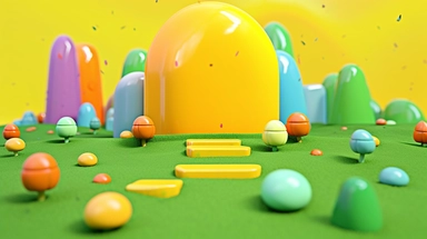 animation clipart : colourful backgrounds, mushroom backgrounds, grass, trees, in the style of playstation 5 screenshot, ambient occlusion, rainbowcore, circular shapes, yellow and green, adorable toy sculptures, selective focus,highly,details,32k uhd