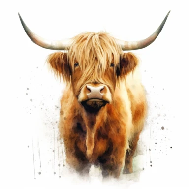 Capture the charm and beauty of a Highland Cow in a watercolor clipart, highlighting its full body character in a close-up view that showcases its distinct features and textured coat with incredible precision and Very High Quality image resolution