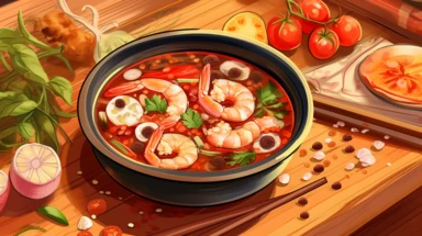 close up of bowl of tom yum goong, spicy shrimp soup, thailand food, illustration style