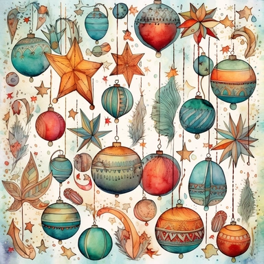 Watercolor line art, little squares filled with doodly patterns of  xmas ,ornaments and decorations , illustrations clipart set, simple, christmas colors , cartoon elements, different variants , stocking, bubble ornaments, xmas wreath, modern art, separate elements with a margin