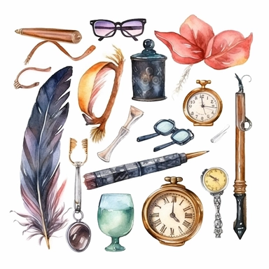 watercolour clip art. Collection of golden vintage accessories and antique objects. Old keys, clock, loupe, compass, ink feather pen, scissors, glasses isolated on white background