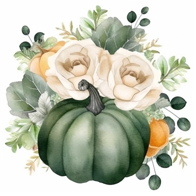 Dark green pumpkin, bouquet of white roses, green leaves, gray eucalyptus leaves, white fruits, watercolor, clipart, illustration, white background