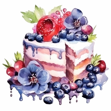 clipart, isolated on white background, Watercolor cake with flowers and berries, green colored, ornated, vivid and vibrant and saturated colors