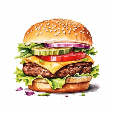 a watercolor, hyper-realistic clipart image with a white background and white margins, showcasing a classic cheeseburger with a juicy beef patty, melted cheese, lettuce, tomatoes, and pickles. The ultra-detailed, hand-drawn elements capture the textures and colors of the burger ingredients. Use bold shades of brown, green, and red to evoke the mouthwatering and indulgent nature of this fast food staple