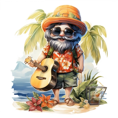 gnome sailor on yacht in Hawaii beach outfit, vibrant color, clipart, watercolor illustration, white background