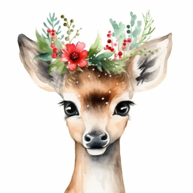 delicate watercolor hand painted holiday fawn deer with festive vibrant red and green holiday colors floral crown nursery clip art on white background, boho style, gorgeous
