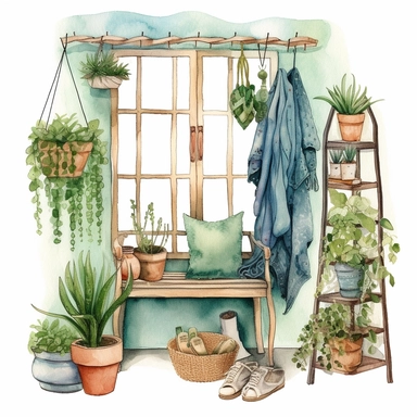 A boho style home dressing room with watercolor effect, boho style tools, boho style big window, , boho style details, boho colors, suitable for digital clipart, white background, boho style green plants, boho flowers
