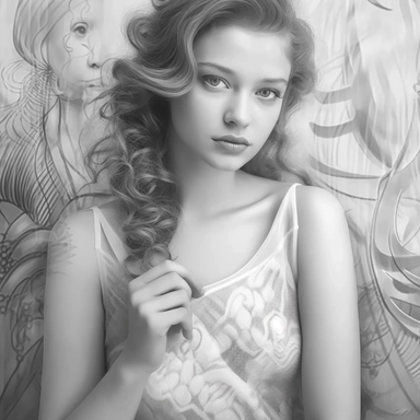 Ladies portrait mixed with colouring book details, white dress, studio light, blurred background, front view, photorealistic, hyper realism art, Face is focus, Sharp details, princess, hyper realism art, shutter speed, Face is focus, Sharp details, simple black and white clip art, Silhouette crisp line coloring page for adults, happy Fantasy Fairy girl on white elegant princess dress, surrounded by tropical flowers and animals,symmetrical head, center of frame, perfect detailed face portrait-fan
