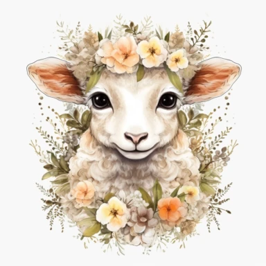 floral cute lamb clipart, original hand drawing, watercolor, understated and flawless for t shirt and cup printing, happy cute smily, transparent background, realistic painting, portrait without writing , style of the artwork, mood of the artwork, vector, contour , white background, 8K quality, ultra detailed , without signature and without meaningless lines, clipart, white background, High Quality, no writting background, no writting, ultra detailed, no symbol, without logo and emblem