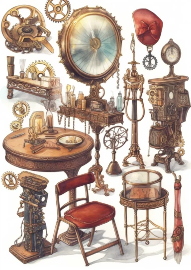 watercolor steampunk mechanical tools clipart set like mirror, lipstick, hat, chair, jewels, highly detailed ,clipart, hd, on white background, spaced out