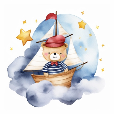 dreamy dark night sky clouds and a swarm of golden stars. a cute plushie sailor bear in a blue and white striped shirt and a sailor hat and a small red bowtie, in a wooden sailboat with a white sail, sailing on fluffy clouds, not sea. prominent visible brush strokes, watercolour texture, watercolor clipart png on white background