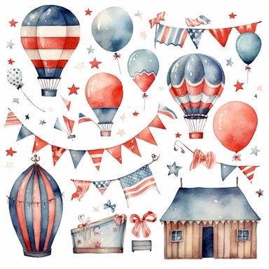 watercolor 4th of july patriotic decorations, illustrations clipart set, simple, , cartoon elements , bunting, ribbon elements, door wreaths, different variants , separate elements with a margin