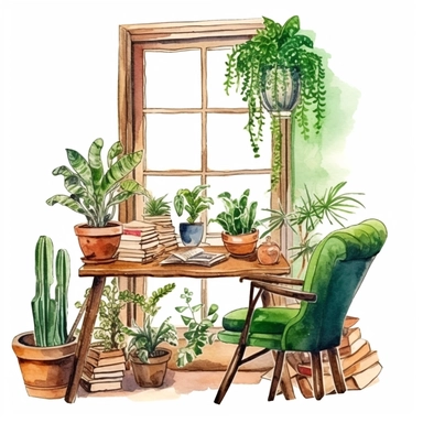 A boho style home working corner with watercolor effect, boho style tools, boho style big window, , boho style details, boho colors, suitable for digital clipart, white background, boho style green plants, boho flowers