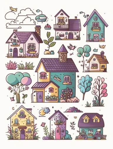 big houses and small houses, clipart style, vector, logo, cute, golden, purple, teal, pink, lite blue, picture book style, children's lesson book, captivating, kid friendly cute character, black and white, coloring book style, cartoon style, vector image, simple, line art style, character, white background