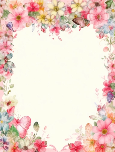 frame for poster, narrow vignette along the sides and the corners of the picture, little cute wild bright clipart flowers like hearts vignette, soff pastel blank center of the picture,