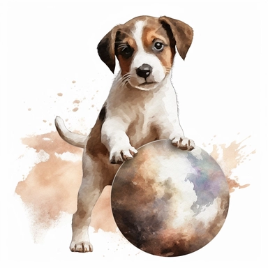 Watercolor puppy playing, with ball that resembles a world globe Clipart - cute puppy , Colour of brindle brown and cream, white background, vector art, high definition, clip art, ar 2:2