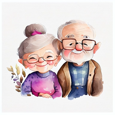 cute adorable happy grandparents, clear white background, handrawn watercolor graphic clipart, cute Children's Drawing, isolated
