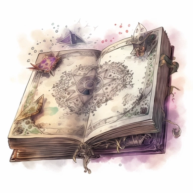 An antique-inspired clipart design of an old magic book, featuring intricate details, worn edges, and a mystical aura, perfect for adding a touch of enchantment to your designs, watercolor
