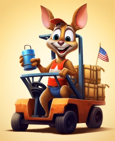 Showcasing a cartoon kangaroo as a forklift operator, with the design incorporating patriotic elements and symbols representing the United States. The overall design can appear polished and poignant, with the kangaroo proudly operating the forklift, that can be used as a sticker, colorful, highly detailed, with a white background, in the style of Pixar clipart, and no cut off edges.