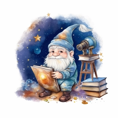 A cute gnome looking through a telescope at the stars, with a book of constellations beside him, and a night sky full of stars and planets overhead. clipart, soft watercolor, isolated on a white background