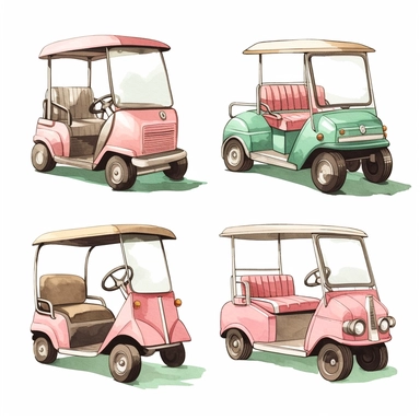 pastel, illustrated golf carts, clipart, isolated on white background, vintage surf style