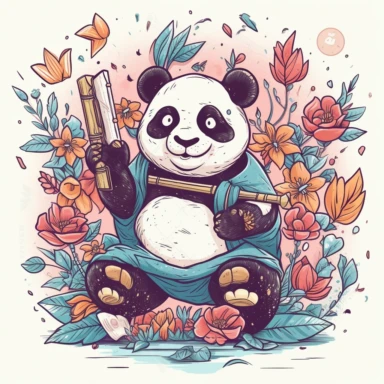 a happy panda with a bamboo shoot and a martial arts belt, depicted in a whimsical, surrounded by colorful flowers and butterflies. The mood of the artwork is cheerful and playful, with a soft pastel color palette. The lighting style is bright and sunny, evoking a warm and inviting feeling. clipart design graphic, vector, contour, super cute, isolated white background, high quality, 2d, flat