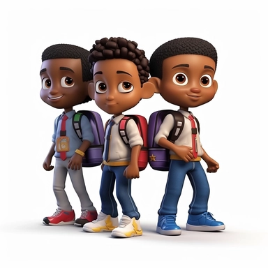 3D toy young 3 black boys wearing a backpack with a school uniform outfit in the style of boondocks in the style of marvel comics cartoon with white background can't believe how beautiful this is clipart, graphic vector, isolated on white background
