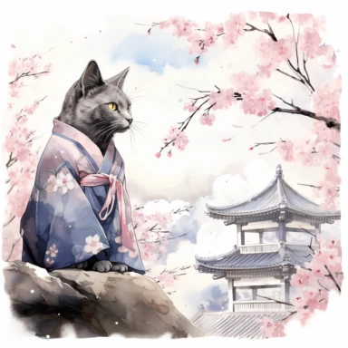 near Osaka Castle, Siamese Cat joyful wearing a Japanese kimono, watches the cherry blossoms bloom. Clipart Watercolor By Yuzo Komori. clean line, white background, space around. Bottom view