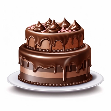 Design a realistic clipart image of a double chocolate birthday cake white background Depict the cake with layers of rich chocolate cake, chocolate mousse filling, and a smooth chocolate buttercream frosting.