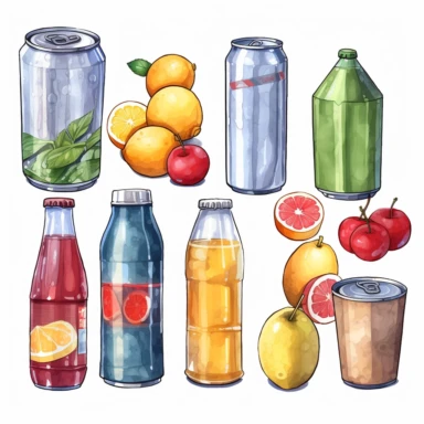 watercolor, Cold drinks set. Soda water, sweet fizzy beverages, fruit cocktails, juices, and lemonades in glass and plastic bottles, aluminum cans, and tins. png Full body realistic cartoon in 32K UHD cute. 15 cm thick outline. Black color. There was no shadow on the ground. 8k with realistic watercolors and detailed illustrations. PNG clipart, transparent white background