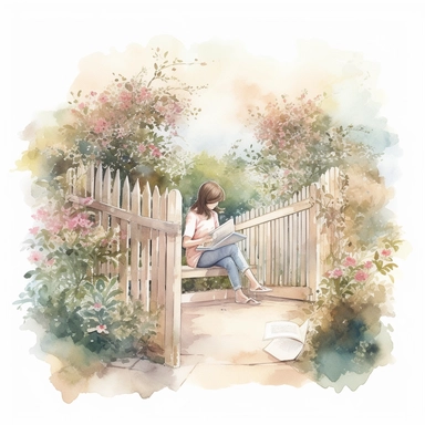 beautiful girl reading in a garden with floral fence, illustration for book lover, in the style of romantic academia, pretty, realistic watercolor paintings, transparent/translucent medium, natural colors, clipart, isolated on white background, pont-aven school, dusty piles, optical