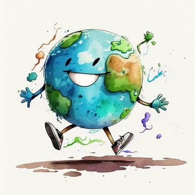cartoon watercolor earth having hands and feets and walking around looking very happy for earth day, very detailed, clipart, modern style, white background, 8k--v 5--q 2