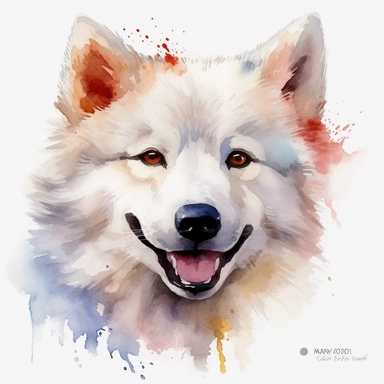 cute Canadian Eskimo Dog dog portrait, full face, centered shot, side shot, dynamically posed, in action, playful mood, happy mood, playing mood, cute face, adorable smile, childlike eyes, clean watercolor illustration, white background, nursery baby imagery, painting, detailed, 8k, PNG, clipart,