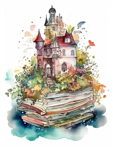 Watercolor clipart with white background, open book, magical fantasy kingdom, secret garden, flat design, clearly defined, high quality clipart