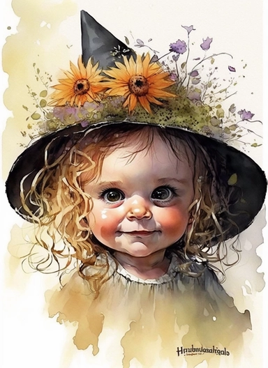Cute little happy baby girl halloween witch with a flower hat on the head and with curly long hair and big eyes, watercolor by Thomas w. schaller, clipart, solid background, hd